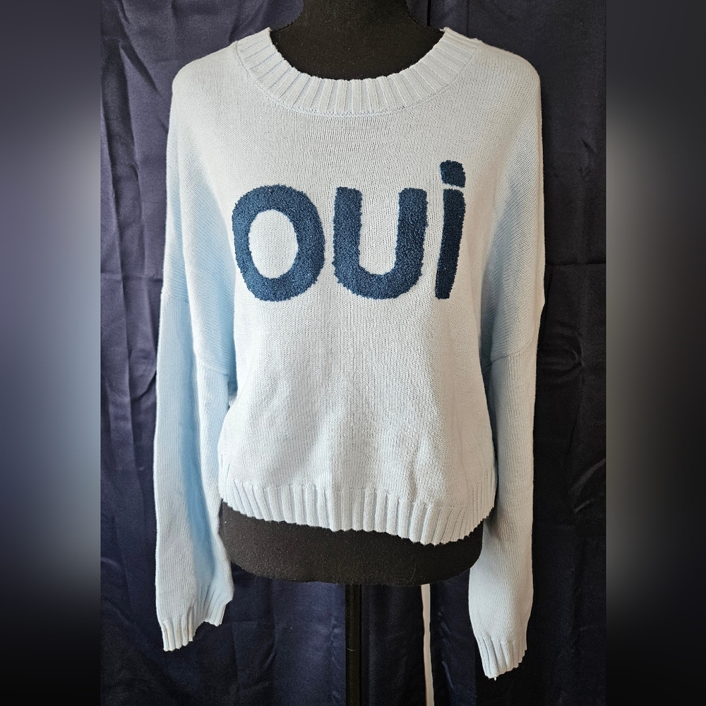 Sincerly Jules Light Blue Crewneck Sweater with Navy "oui"